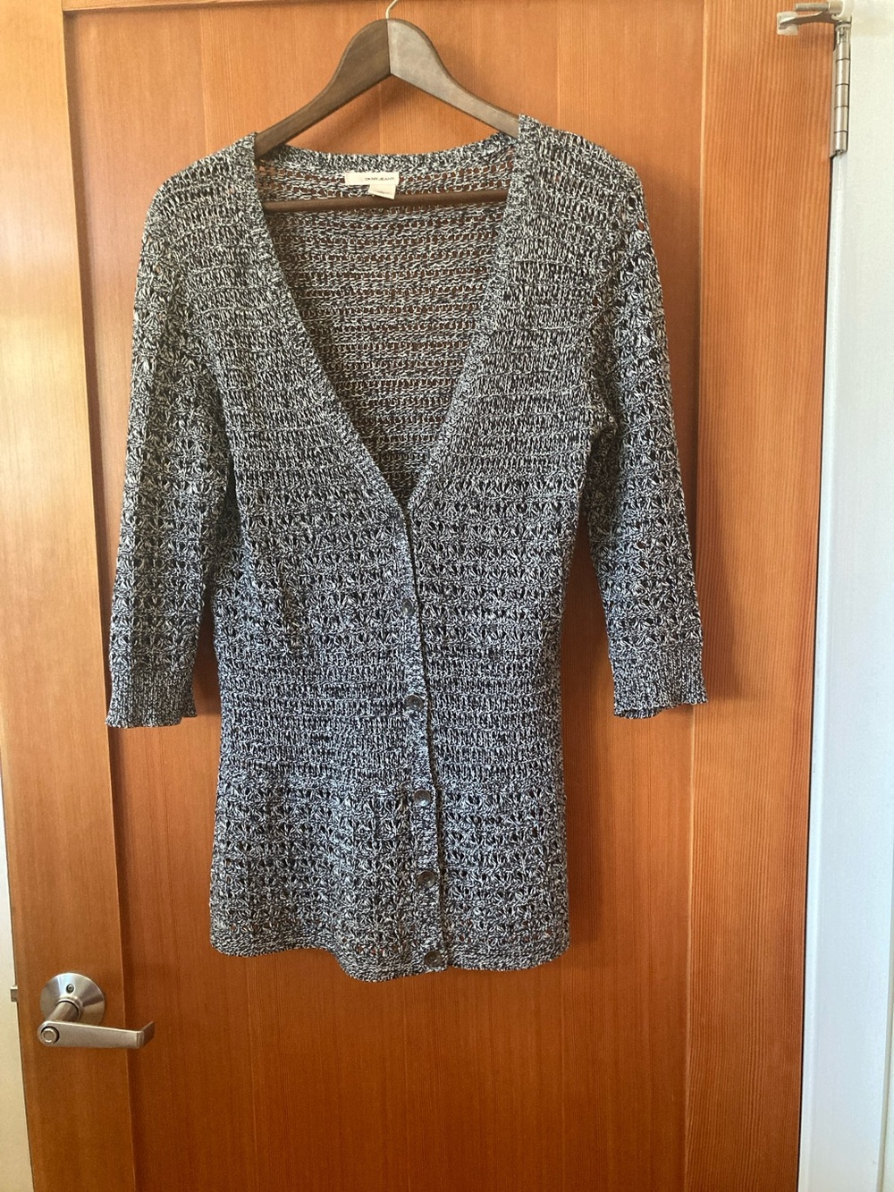 DKNY Gray Open-Weave V-Neck Button Cardigan